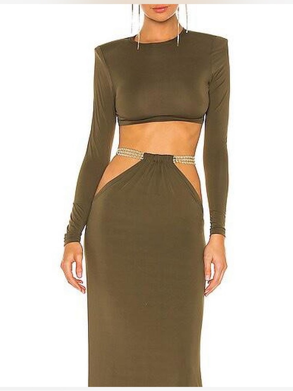 Bronx and Banco Olive Cutout Maxi Dress with Rhinestone Waist